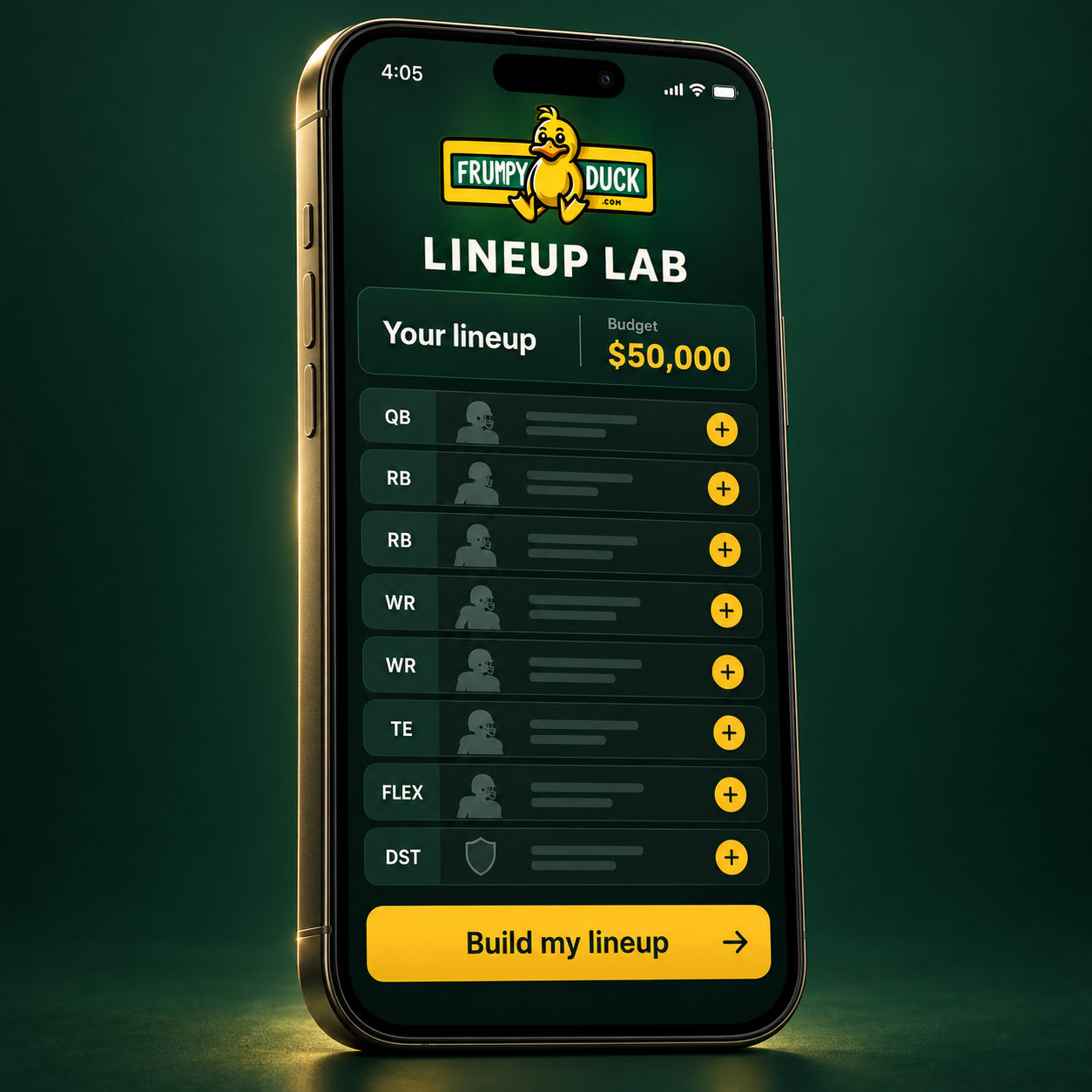 Frumpy Duck iOS app concept showing the duck logo and Lineup Lab roster builder